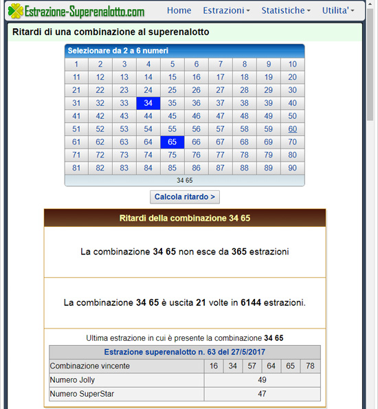 Calcola ritardi di una combinazione al Superenalotto